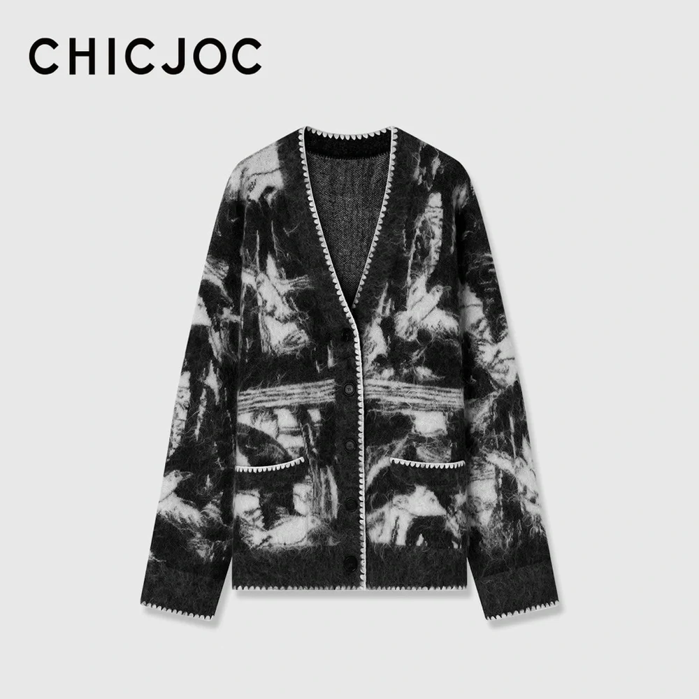 CHICJOC Luxury Mohair Blend Cardigan – Abstract Knit – Size 36